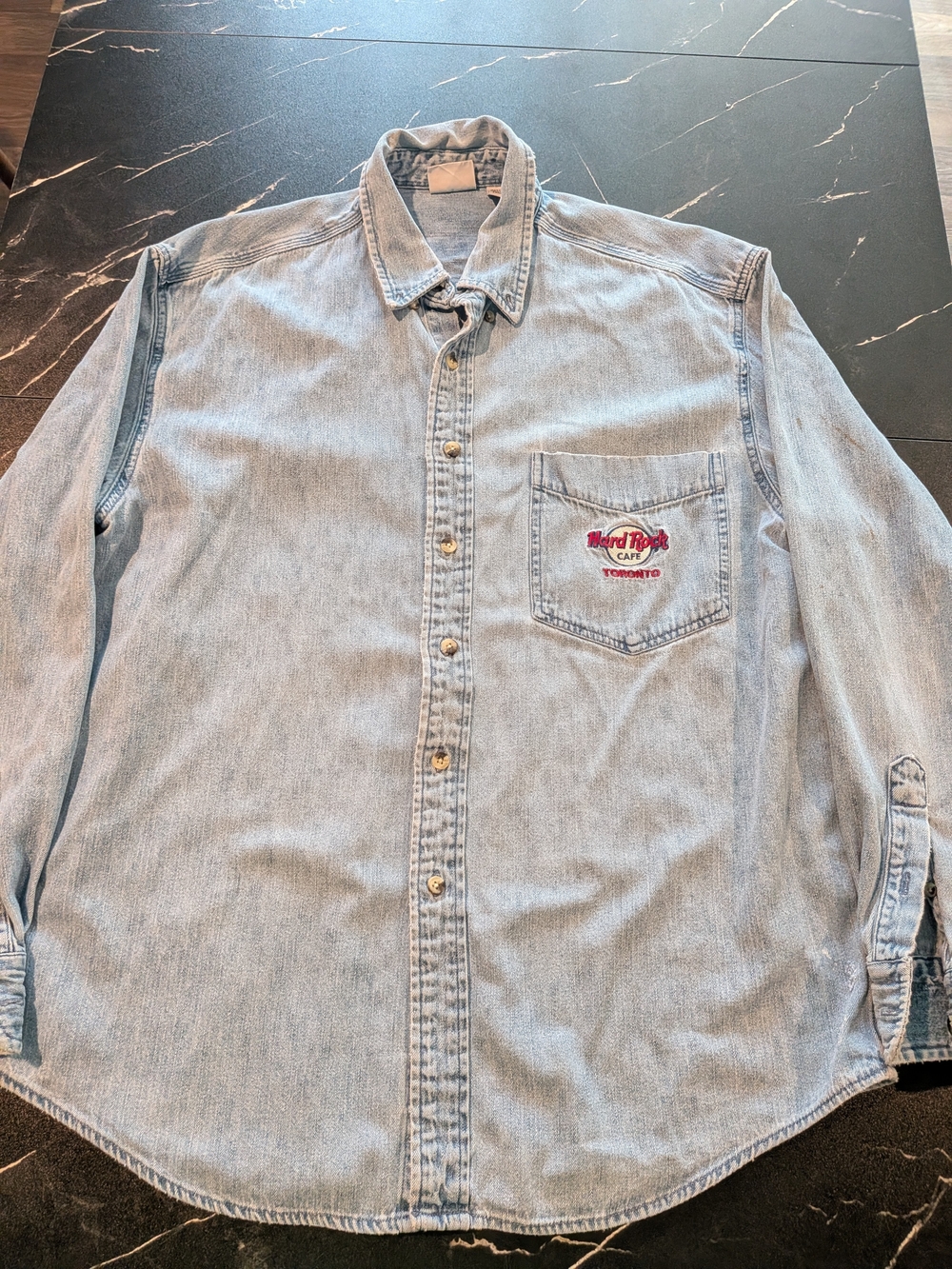 VINTAGE Hard Rock Cafe Toronto Light Blue Denim Button-Up Shirt
